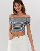 Monki Off Shoulder Cropped T-shirt In Black And White Stripe-multi