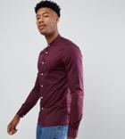 Asos Design Tall Skinny Shirt With Grandad Collar In Burgundy