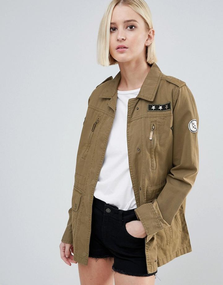 Brave Soul Army Badge Trucker Jacket - Green
