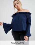 Asos Curve Denim Off Shoulder Top With Flared Sleeves In Blue - Blue