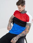 Asos Design Longline Raglan T-shirt With Curved Hem And Polytricot Yoke In Red - Blue