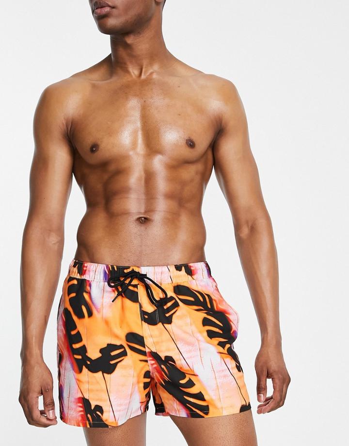 Asos Design Swim Shorts With Abstract Leaf Print Short Length-multi