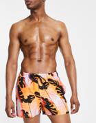 Asos Design Swim Shorts With Abstract Leaf Print Short Length-multi