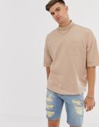 Asos Design High Neck Oversized T-shirt With Pocket And Contrast Stitching In Beige - Beige