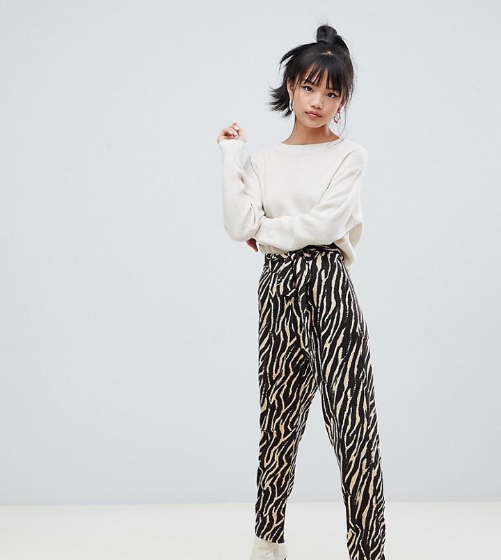 Asos Design Petite Tiger Print Belted Peg Pants - Multi