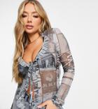 Asyou Printed Mesh Shirt With Ruffle Detail In Gray