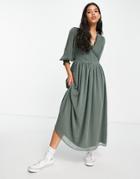 Asos Design Midi Smock Dress With Shirred Cuffs In Textured In Khaki-green