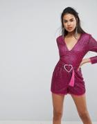 Asos Embellished Plunge Romper With Buckle Detail - Pink