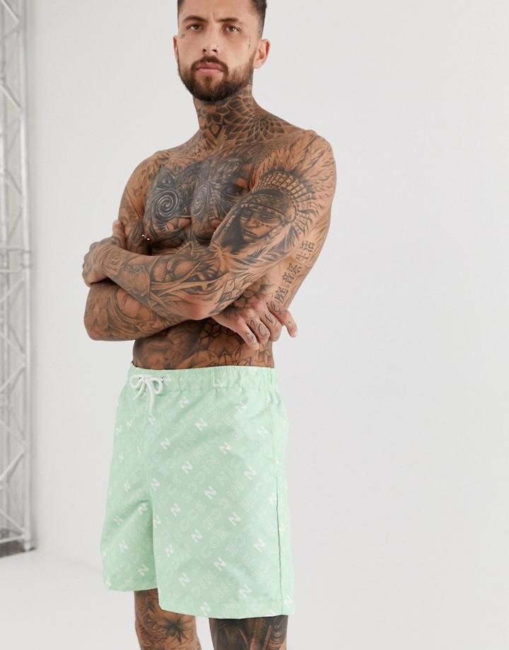 Nicce Swim Shorts With All Over Print In Mint - Green