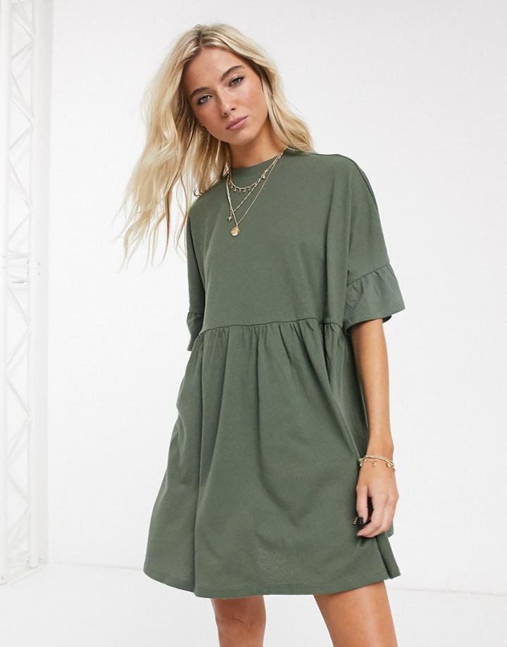 Asos Design Super Oversized Frill Sleeve Smock Dress In Khaki-green
