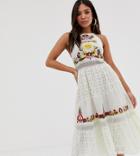 Asos Design Petite Square Neck Tiered Midi Dress With Lace And Embroidery-white