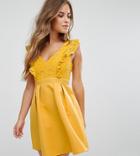 Little Mistress Petite Frill Lace Top Mini Prom Dress - Yellow