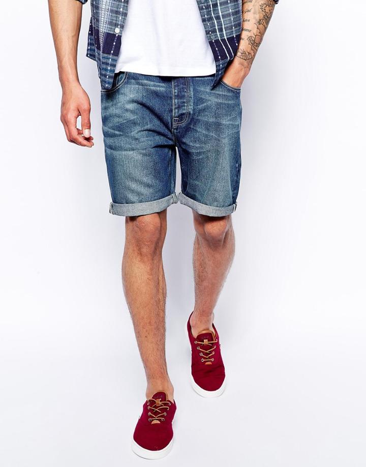 Asos Denim Shorts In Slim Fit Mid Wash - Blue