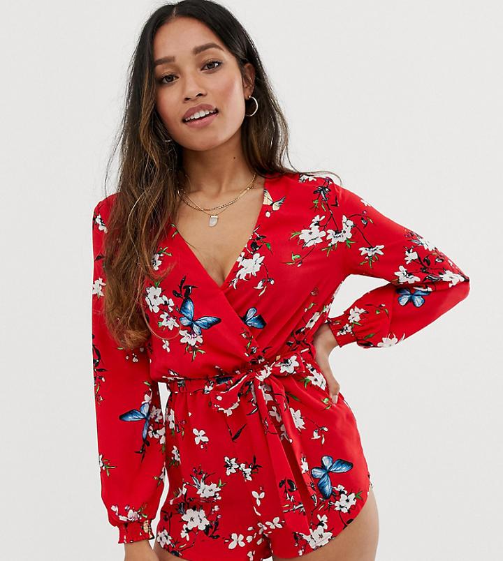 Parisian Petite Long Sleeve Tie Waist Romper In Red Floral Print