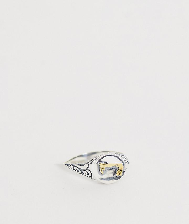Asos Design Sterling Silver Vintage Style Signet Ring In Burnished Silver With Gold Plate Ram - Silver