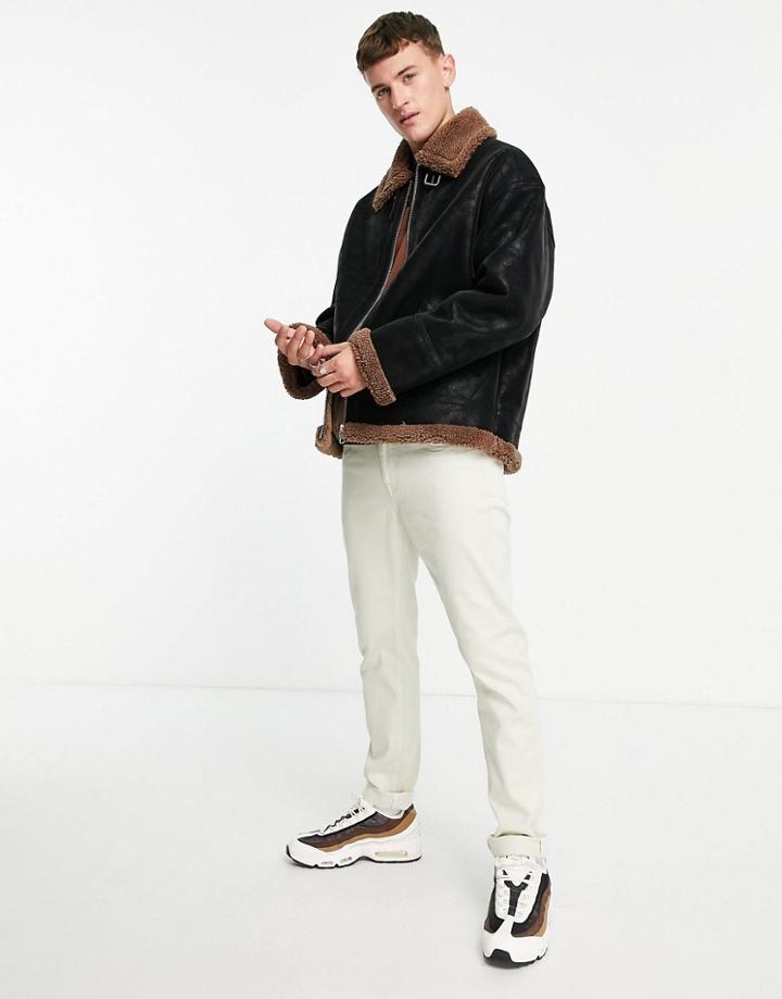 Topman Faux Shearling Aviator Jacket In Black