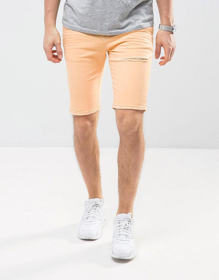 Asos Denim Shorts In Super Skinny Orange With Thigh Rip - Orange