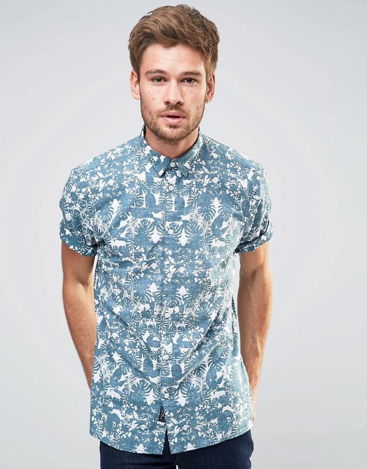 Selected Homme Short Sleeve Shirt With All Over Reverse Floral Print - Blue