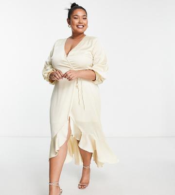 Liquorish Plus Bridesmaid Satin Wrap Midi Dress With Puff Sleeves In Lemon-yellow