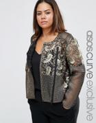 Asos Curve Premium Lace Jacket In Gold Metallic Foil - Gold