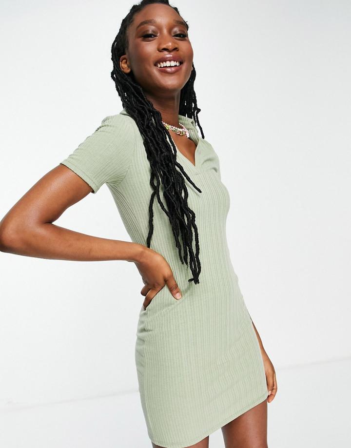 Miss Selfridge Rib Polo Collar Dress In Sage-green