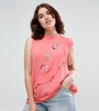 Asos Curve Sleeveless Top With Asymmetric Ruffle And Embroidery - Pink