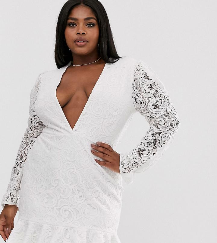 John Zack Plus Plunge Front Lace Flippy Mini Dress In White