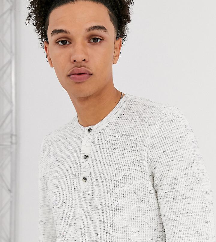 Asos Design Tall Knitted Grandad Neck Sweater In Waffle Knit Texture-beige