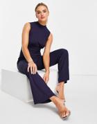 Unique21 Ribbed High Neck Wrap Jumpsuit In Navy