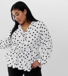 Asos Design Curve Long Sleeve V Neck Ruffle Front Tea Blouse With Tie Waist In Polka Dot-multi