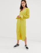 Asos Design Button Front Midi Tea Dress With Fluted Sleeve In Yellow Spot