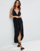 Asos Cami Beach Dress With Dipped Hem And Wrap Front - Black