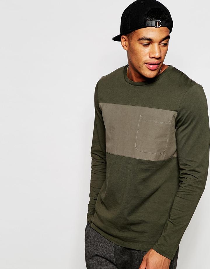 Asos Long Sleeve T-shirt With Cut & Sew Woven Panel - Green