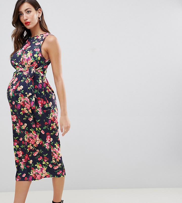Asos Design Maternity Knot Front Slinky Dress In Floral Print - Multi