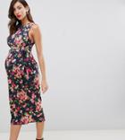 Asos Design Maternity Knot Front Slinky Dress In Floral Print - Multi