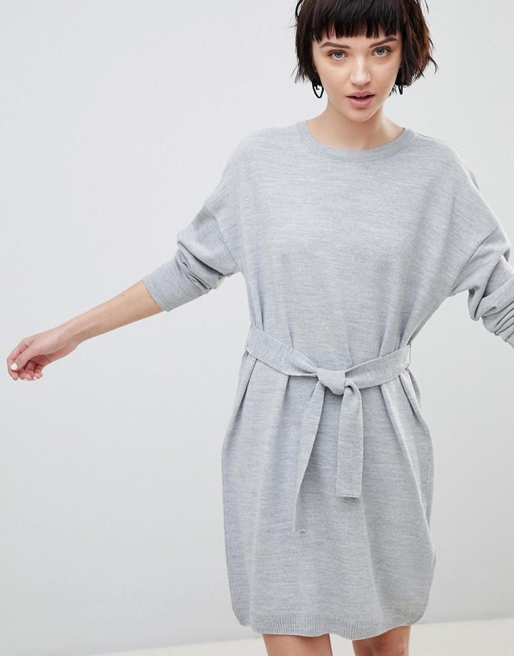 Asos Design Sweater Dress With Belted Detail - Gray