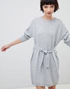 Asos Design Sweater Dress With Belted Detail - Gray
