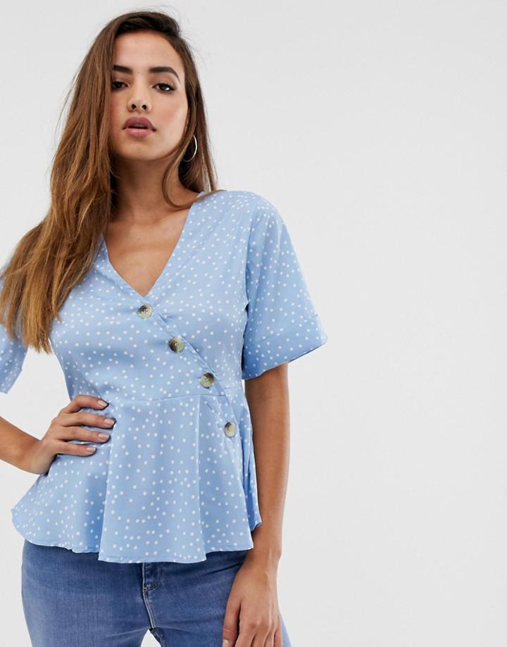 Prettylittlething Button Detail Blouse In Pale Blue Polka Dot - Multi