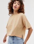 Asos Design Oversized Cropped T-shirt Stepped Hem In Beige With Contrast Stitching - Beige