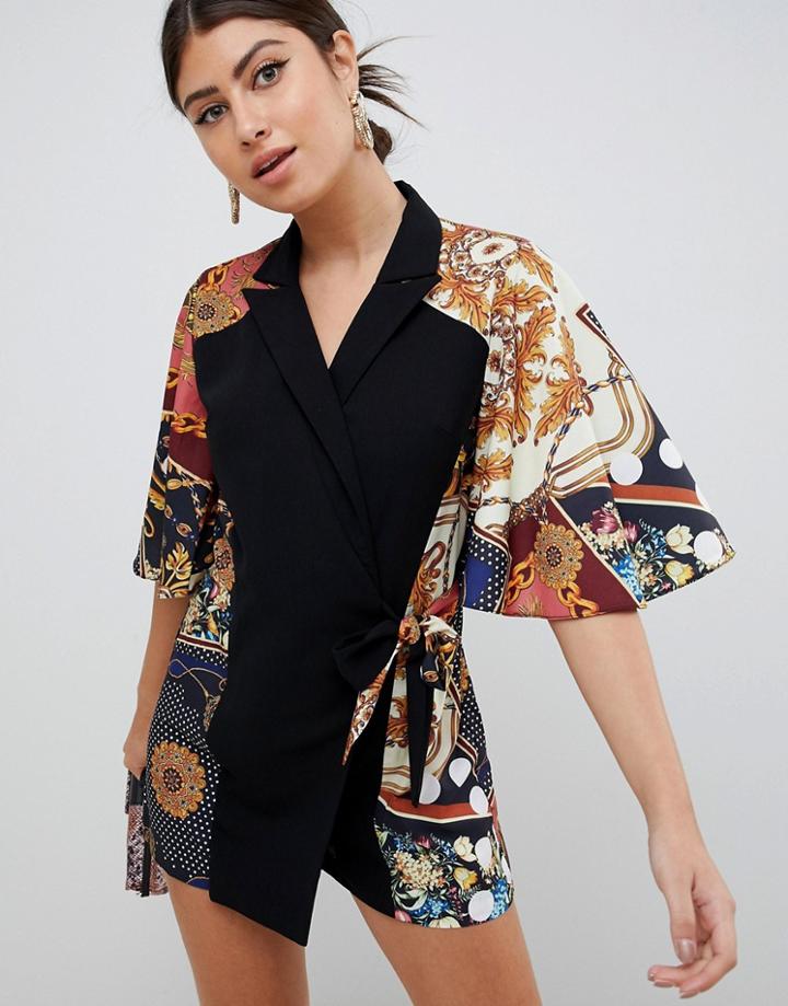 Asos Design Romper With Cape And Scarf Print Detail - Black