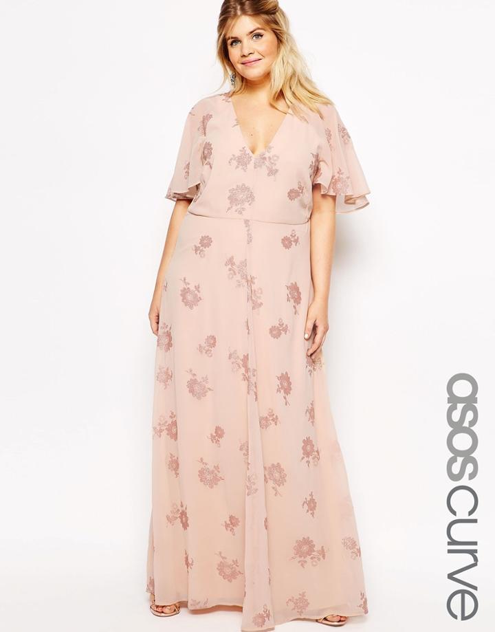 Asos Curve Flutter Sleeve Maxi Dress With Pretty Lurex Flower - Multi