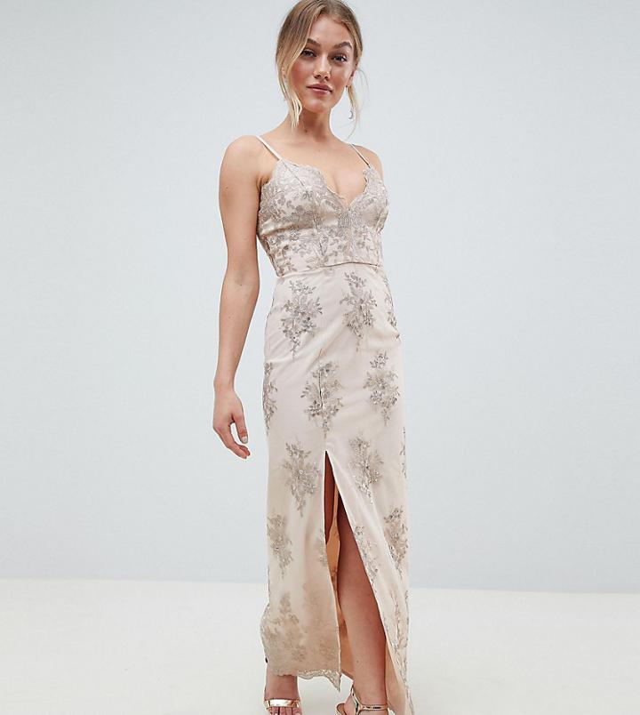 Chi Chi London Petite Scalloped Plunge Maxi Prom Dress With Gold Embroidery - Pink
