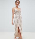 Chi Chi London Petite Scalloped Plunge Maxi Prom Dress With Gold Embroidery - Pink