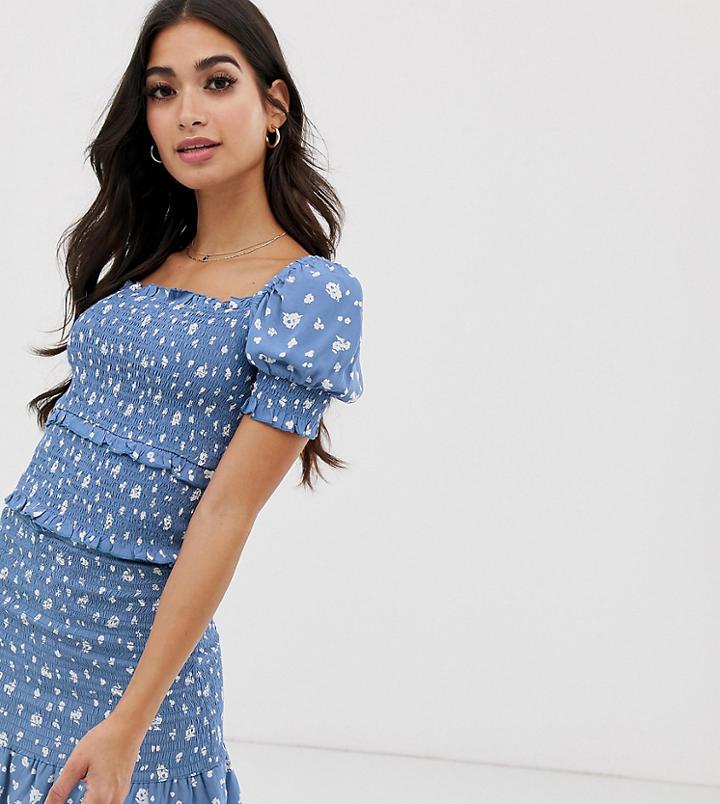 River Island Petite Shirred Milkmaid Top In Blue Floral - Blue