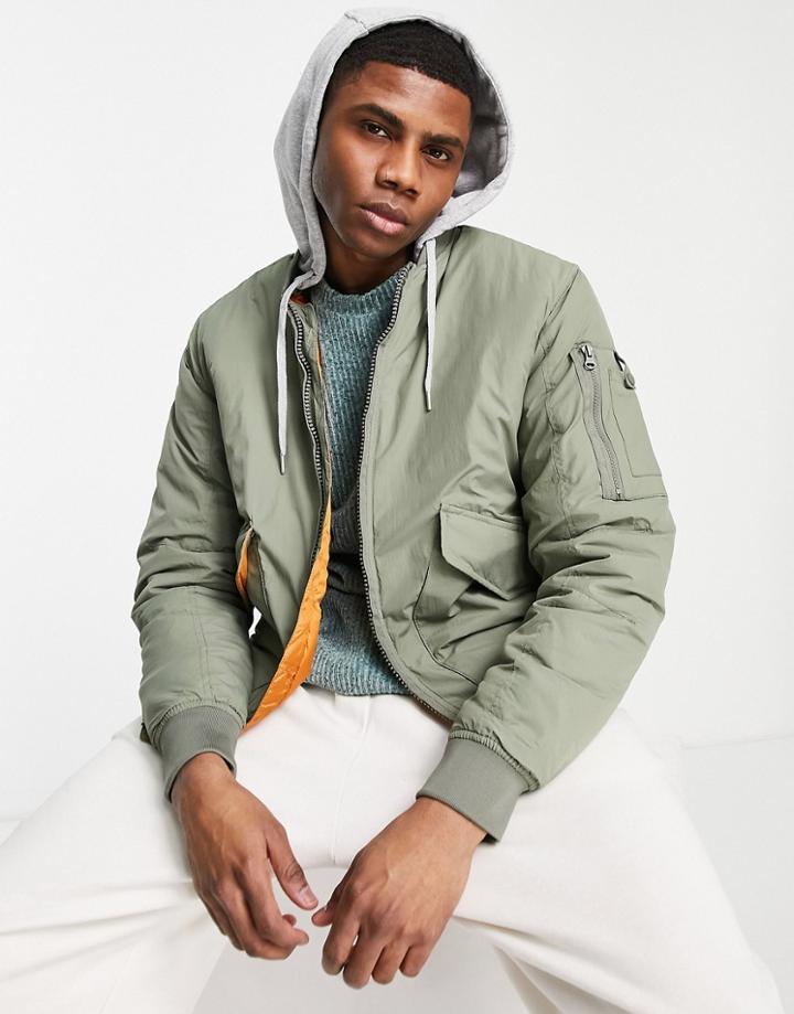 Pull & Bear Padded Bomber Jacket In Khaki-green
