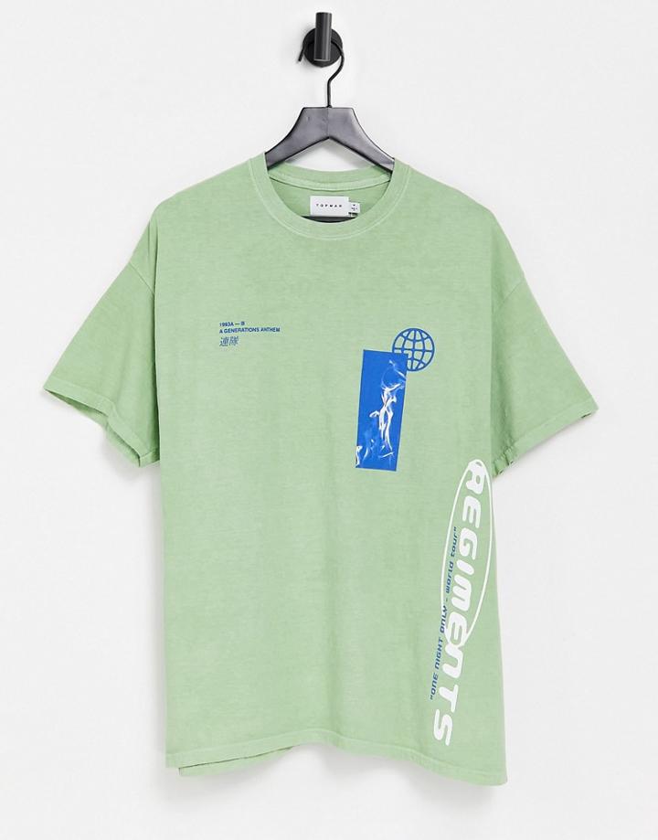 Topman Oversized T-shirt With Vertical Regiment Print In Sage-green