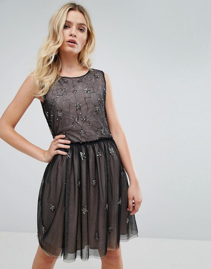 Amy Lynn Star Print Chiffon Overlay Dress - Black