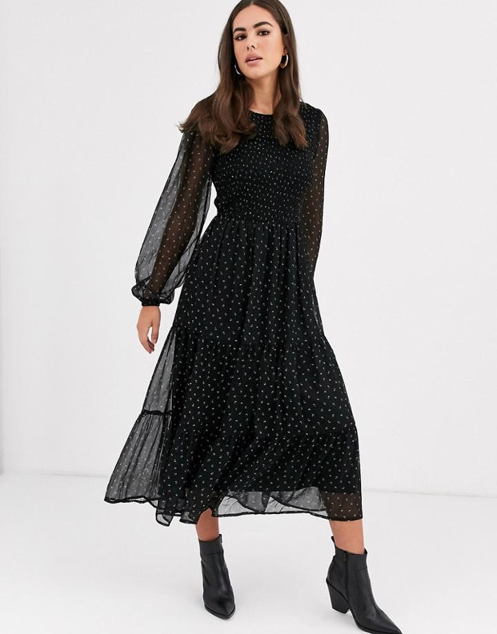 Vila Tiered Floral Maxi Smock Dress-black
