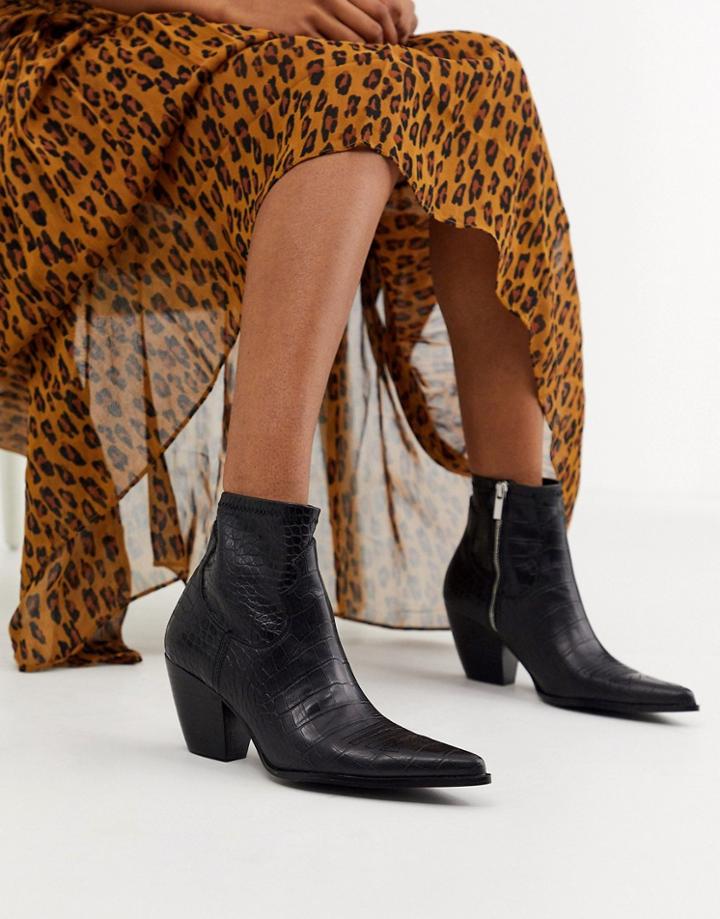 Bershka Moc Croc Heeled Western Boots In Black