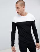Asos Design Muscle Long Sleeve T-shirt With Contrast Yoke In Black - Black